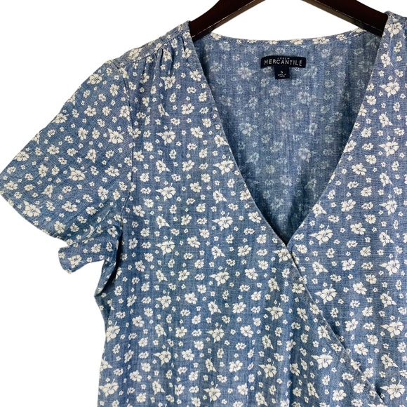 J Crew Sz Small 4 6 Dress Shirtdress Chambray Floral Ruffle Blue Faux Wrap - Picture 3 of 5